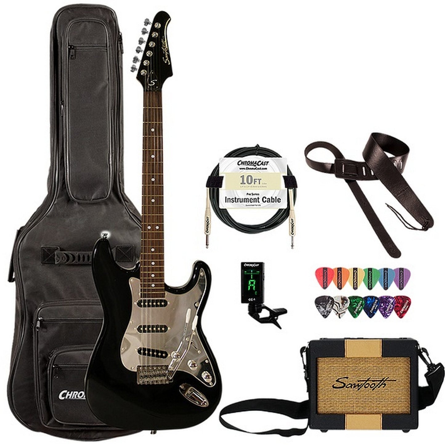 Sawtooth ES Series Electric Guitar Travel Bundle With Amp, Gig Bag, Cable, Tuner And Pick, Black/Chrome(Sawtooth St Es Bkc Travel Es Series Electric Guitar Travel Bundle With Amp Gig Bag Cable Tuner And Pick Black Chrome)