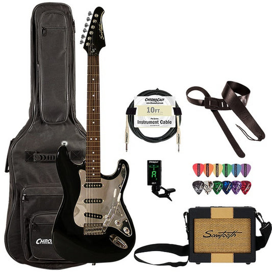  Sawtooth ES Series Electric Guitar Travel Bundle With Amp, Gig Bag, Cable, Tuner And Pick, Black/Chrome(Sawtooth St Es Bkc Travel Es Series Electric Guitar Travel Bundle With Amp Gig Bag Cable Tuner And Pick Black Chrome)