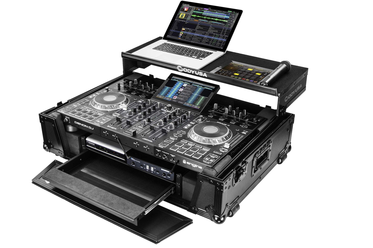  Odyssey Denon Prime 4 Black Flight Case With Patented Glide Laptop Platform And 2U Rack Spaces(Odyssey Fzgsprime4w2bl Denon Prime 4 Black Flight Case With Patented Glide Laptop Platform And 2u Rack Spaces)