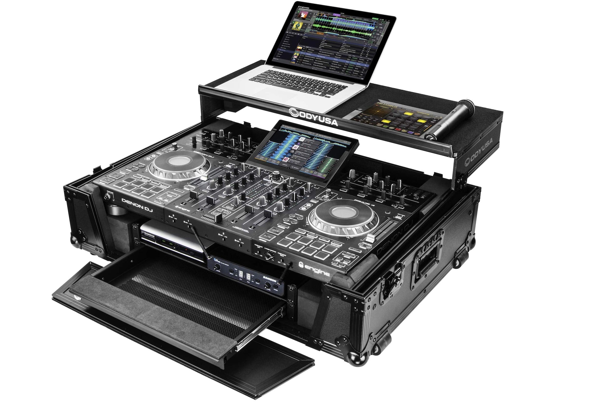  Odyssey Denon Prime 4 Black Flight Case With Patented Glide Laptop Platform And 2U Rack Spaces(Odyssey Fzgsprime4w2bl Denon Prime 4 Black Flight Case With Patented Glide Laptop Platform And 2u Rack Spaces)
