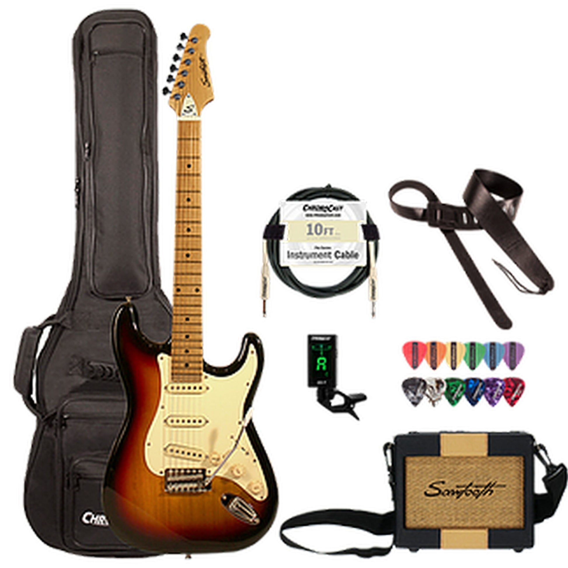  Sawtooth ES Series Electric Guitar Travel Bundle With 5-Watt Amp, Padded Case, Cable Tuner And Picks, Sunburst(Sawtooth St Es Sbvc Kit 2 Es Series Electric Guitar Travel Bundle With 5 Watt Amp Padded Case Cable Tuner And Picks Sunburst)
